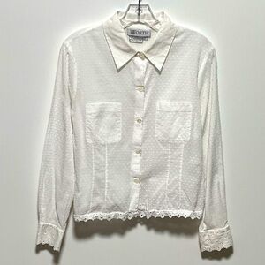 Worth Classy Optic White embroidered dots Long Sleeve eyelet trim stylish top